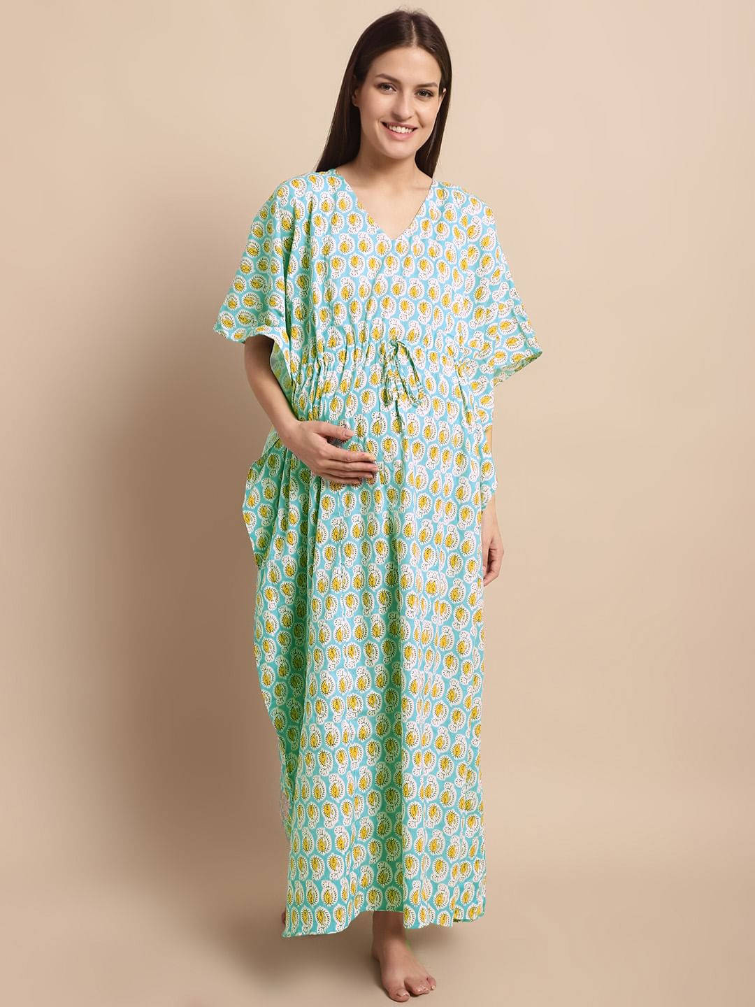 Sky Blue and Yellow Paisley Print Maternity Kaftan Nighty