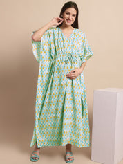 Sky Blue and Yellow Paisley Print Maternity Kaftan Nighty