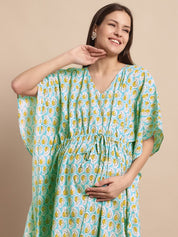 Sky Blue and Yellow Paisley Print Maternity Kaftan Nighty