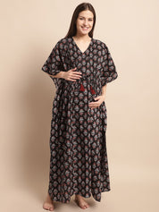 Black Floral Printed Maternity Kaftan Nighty