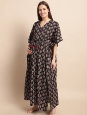Black Floral Printed Maternity Kaftan Nighty