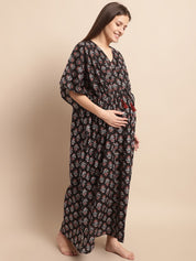 Black Floral Printed Maternity Kaftan Nighty