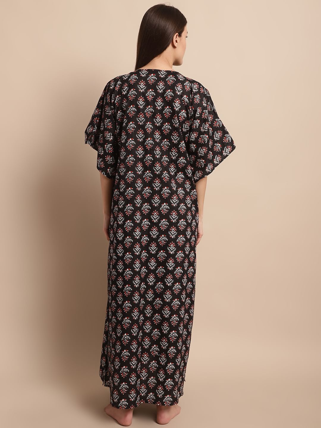 Black Floral Printed Maternity Kaftan Nighty