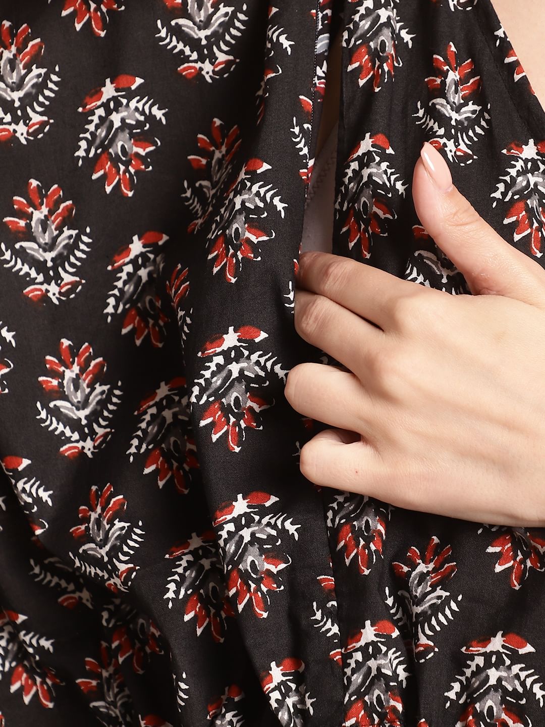 Black Floral Printed Maternity Kaftan Nighty