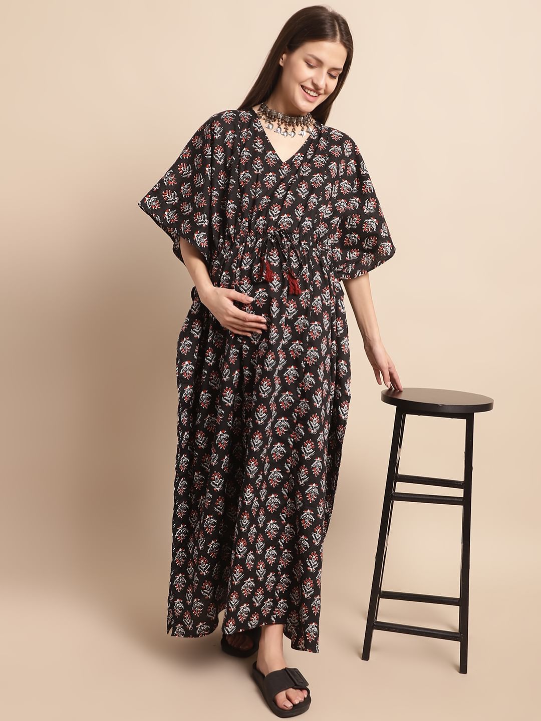 Black Floral Printed Maternity Kaftan Nighty