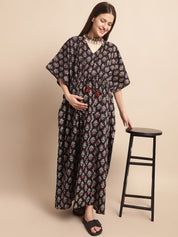 Black Floral Printed Maternity Kaftan Nighty