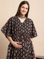 Black Floral Printed Maternity Kaftan Nighty