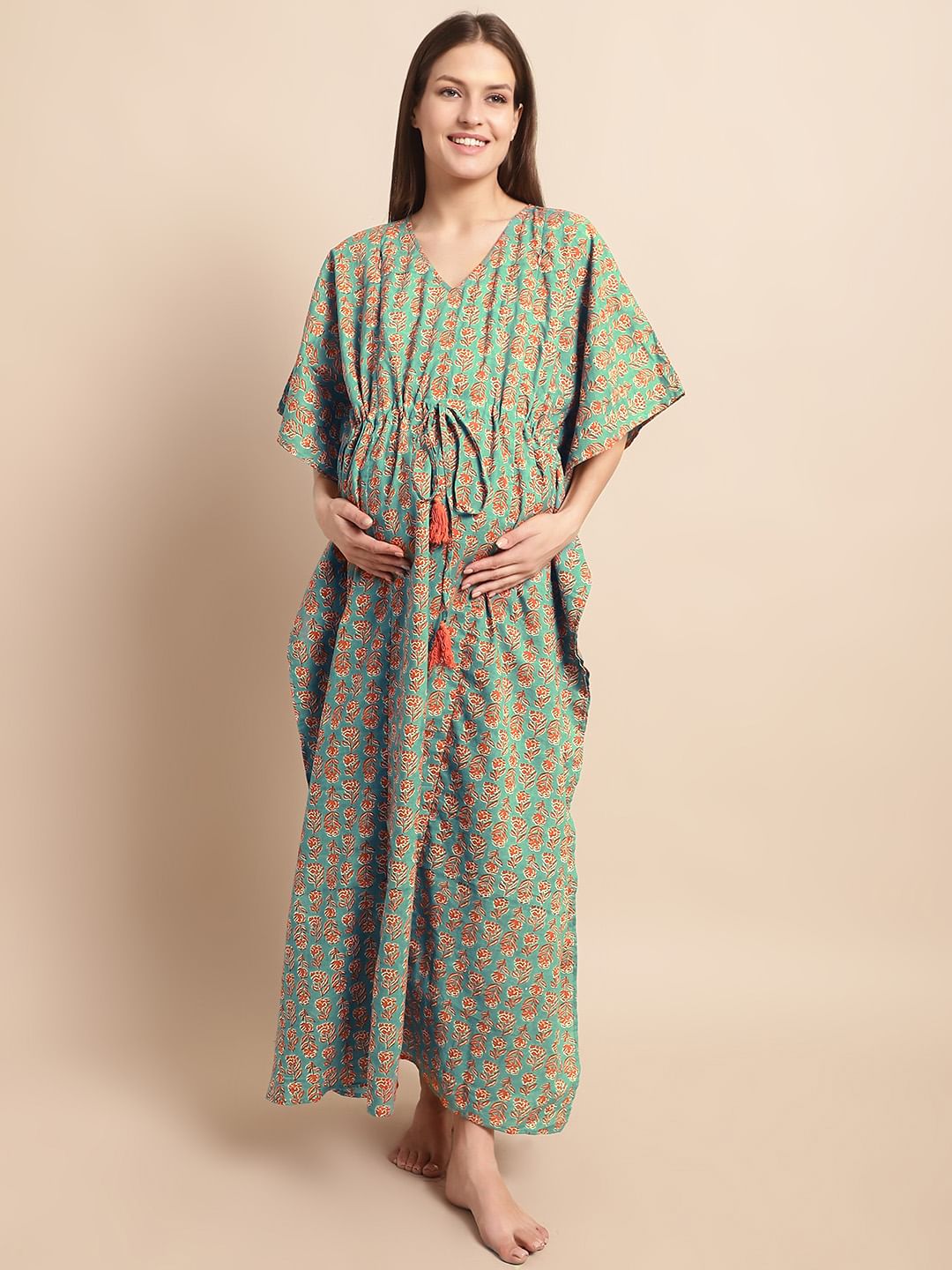 Green and Orange Floral Prinred Maternity Kaftan Nighty
