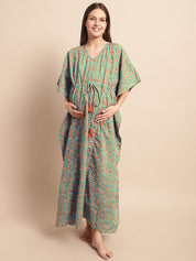 Green and Orange Floral Prinred Maternity Kaftan Nighty