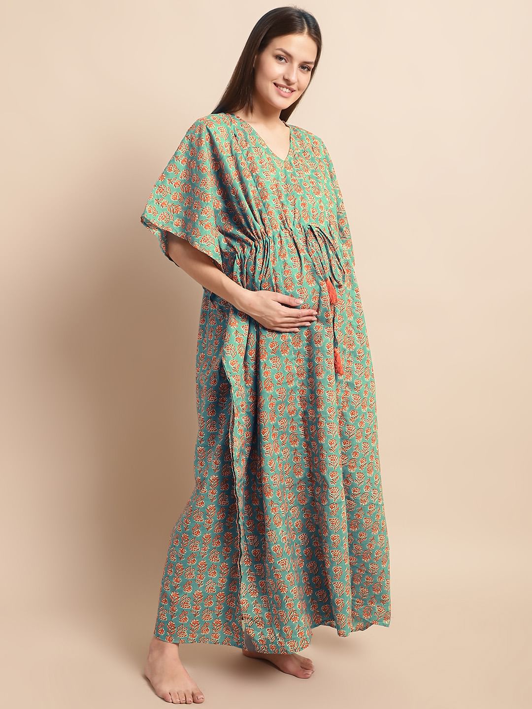 Green and Orange Floral Prinred Maternity Kaftan Nighty