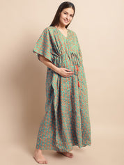 Green and Orange Floral Prinred Maternity Kaftan Nighty