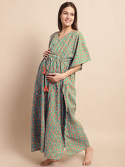 Green and Orange Floral Prinred Maternity Kaftan Nighty