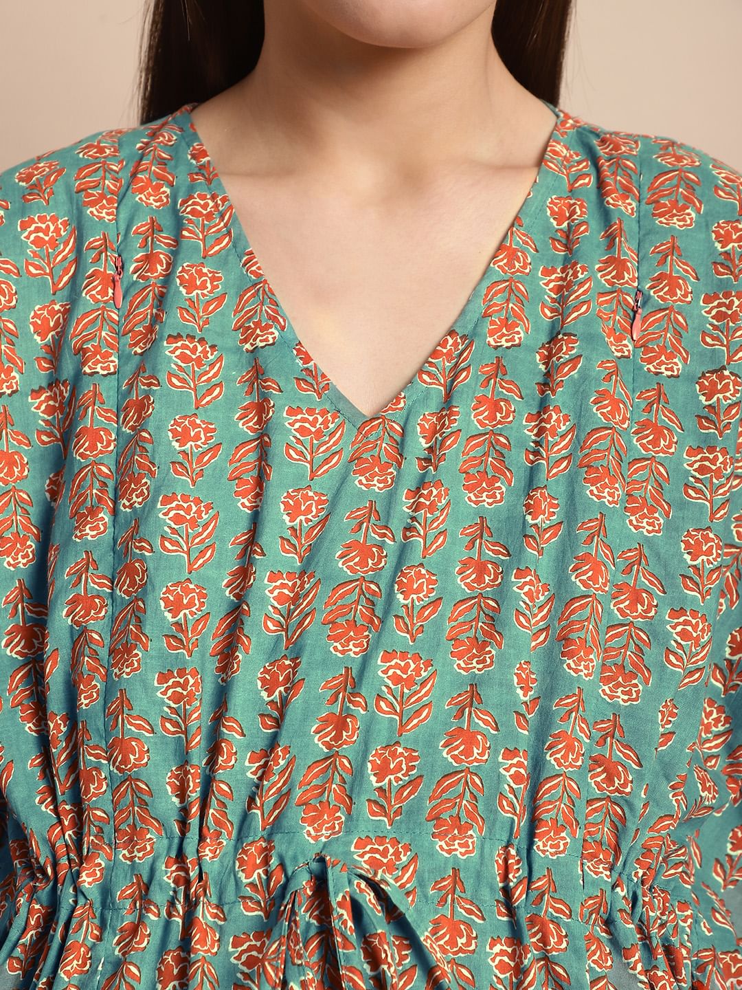 Green and Orange Floral Prinred Maternity Kaftan Nighty