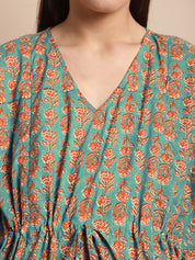 Green and Orange Floral Prinred Maternity Kaftan Nighty