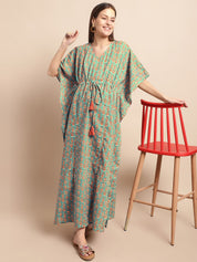 Green and Orange Floral Prinred Maternity Kaftan Nighty