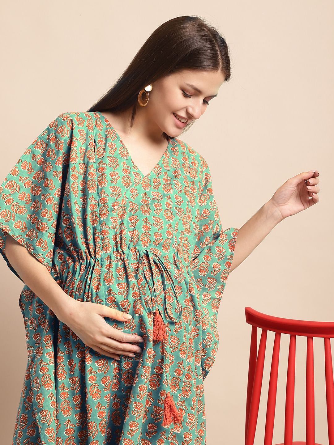 Green and Orange Floral Prinred Maternity Kaftan Nighty