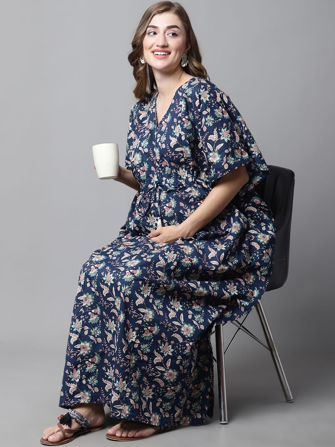 Navy Blue Floral Maternity Kaftan