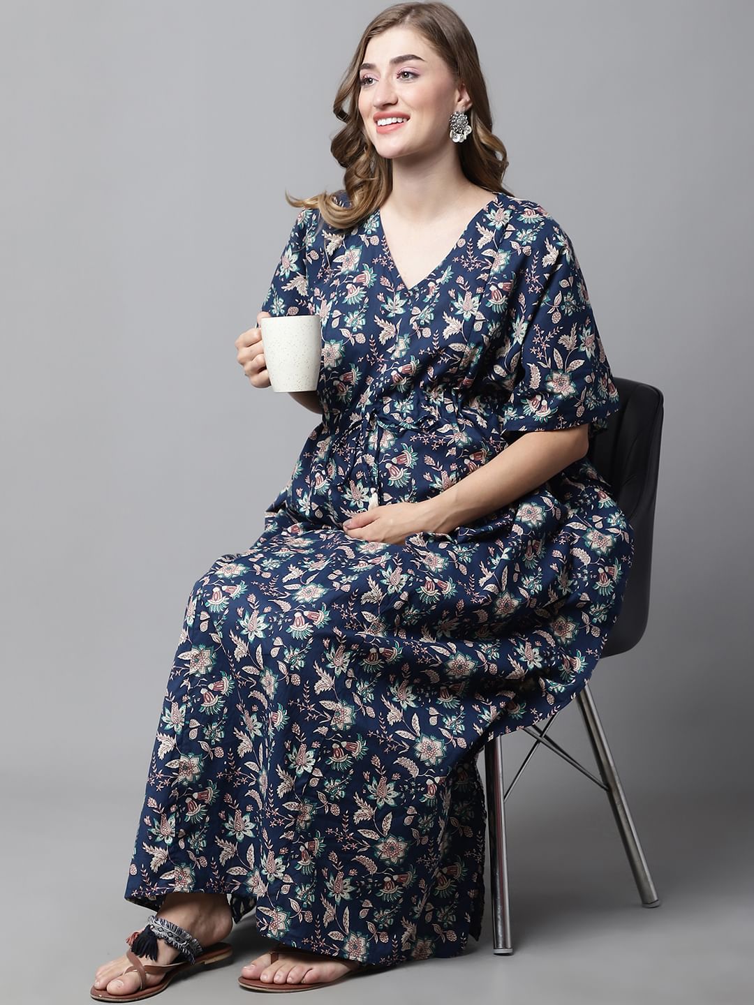 Navy Blue Floral Maternity Kaftan