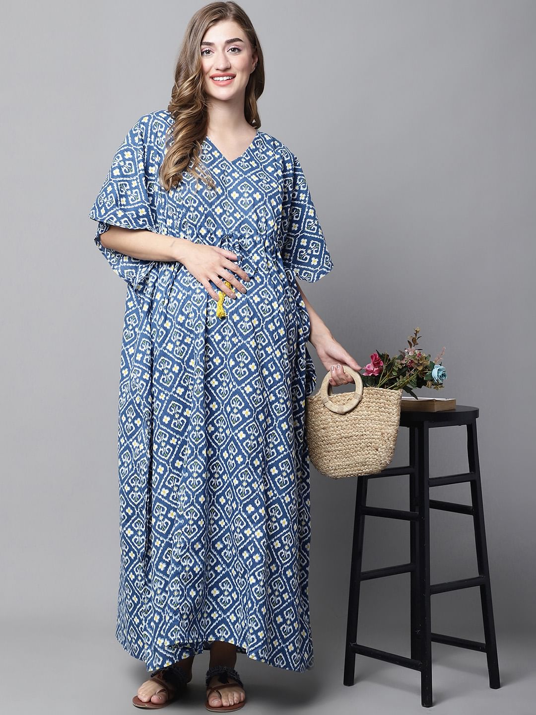 Navy Blue Floral Maternity Kaftan