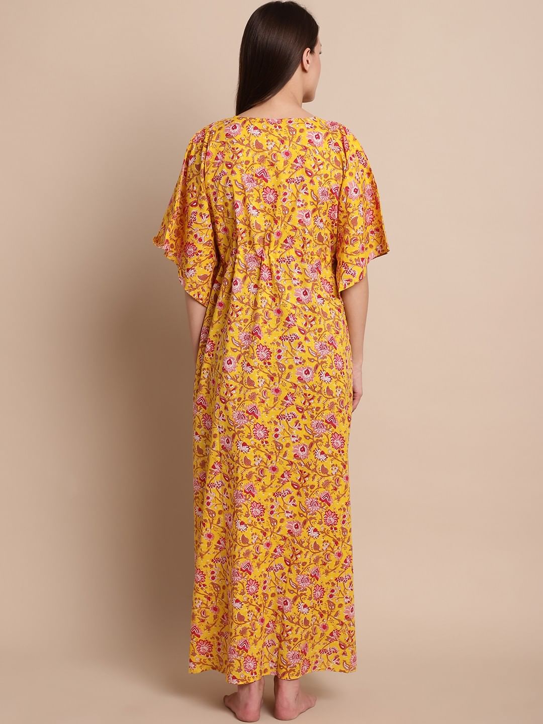 Yellow & Red Cotton Floral Maternity Kaftan
