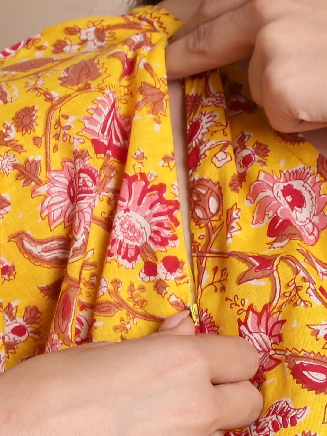 Yellow & Red Cotton Floral Maternity Kaftan