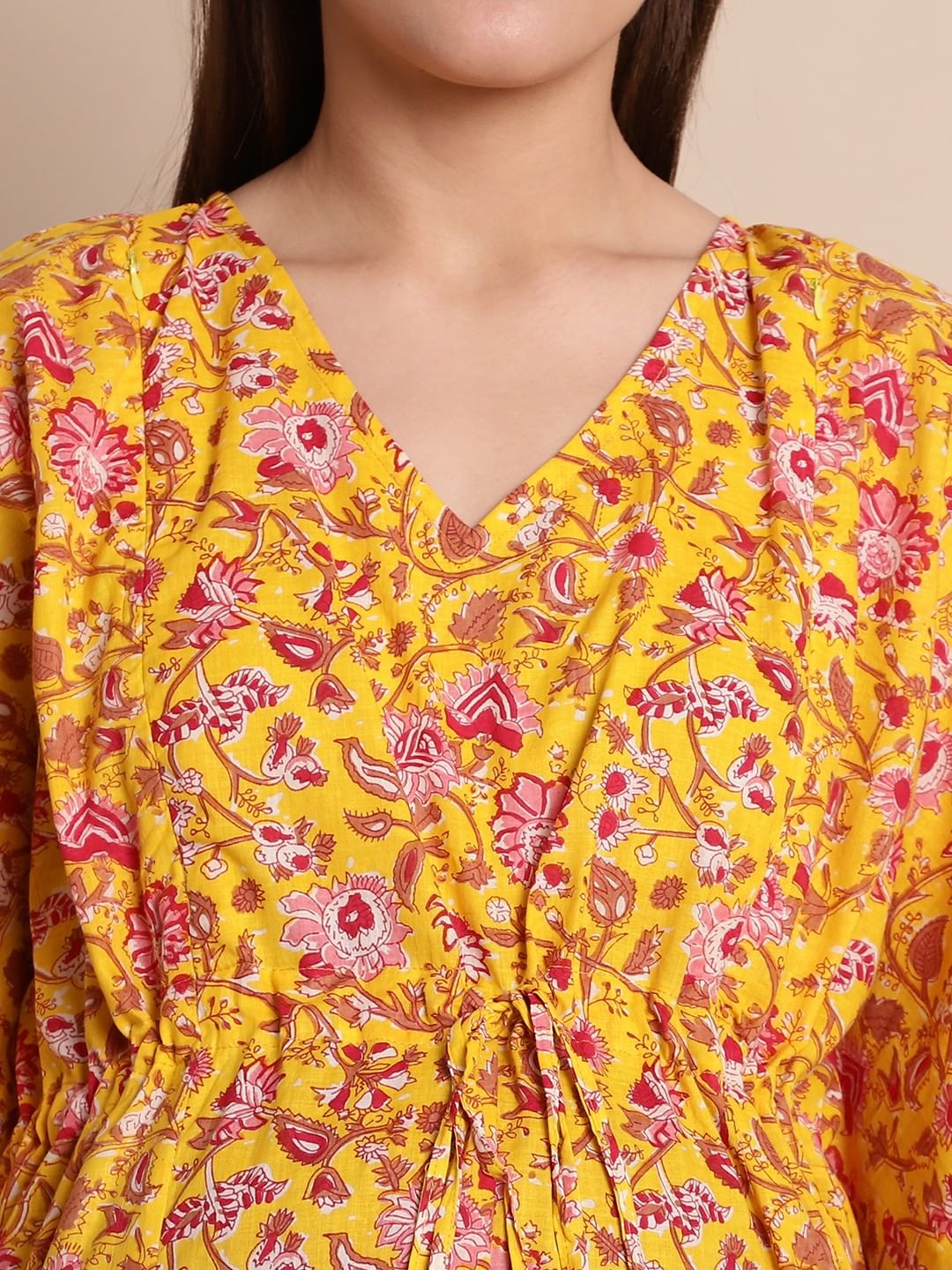 Yellow & Red Cotton Floral Maternity Kaftan