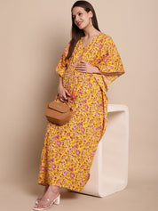 Yellow & Red Cotton Floral Maternity Kaftan