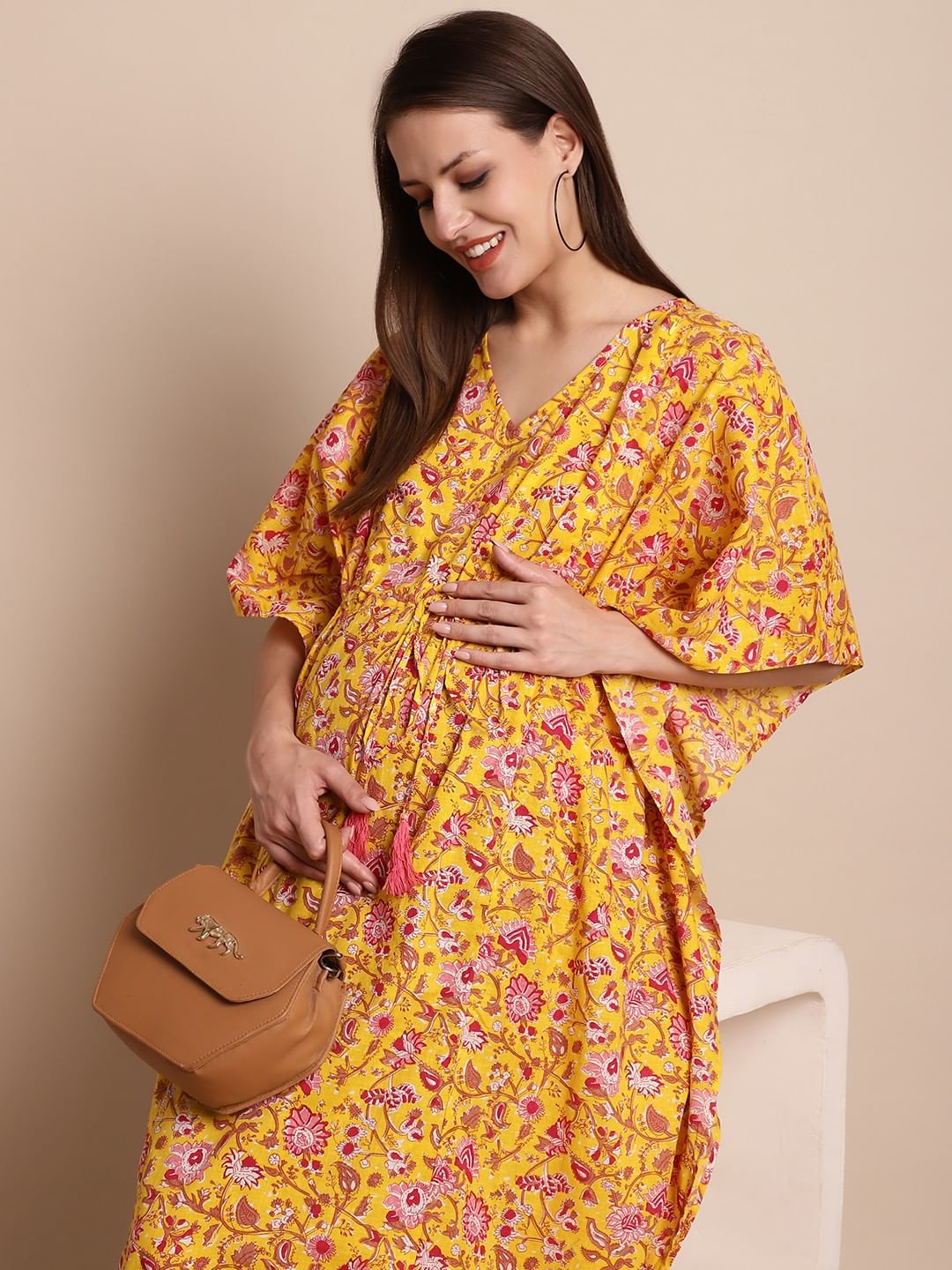 Yellow & Red Cotton Floral Maternity Kaftan