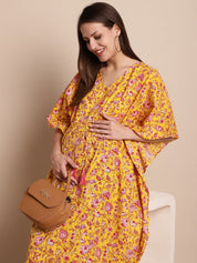 Yellow & Red Cotton Floral Maternity Kaftan