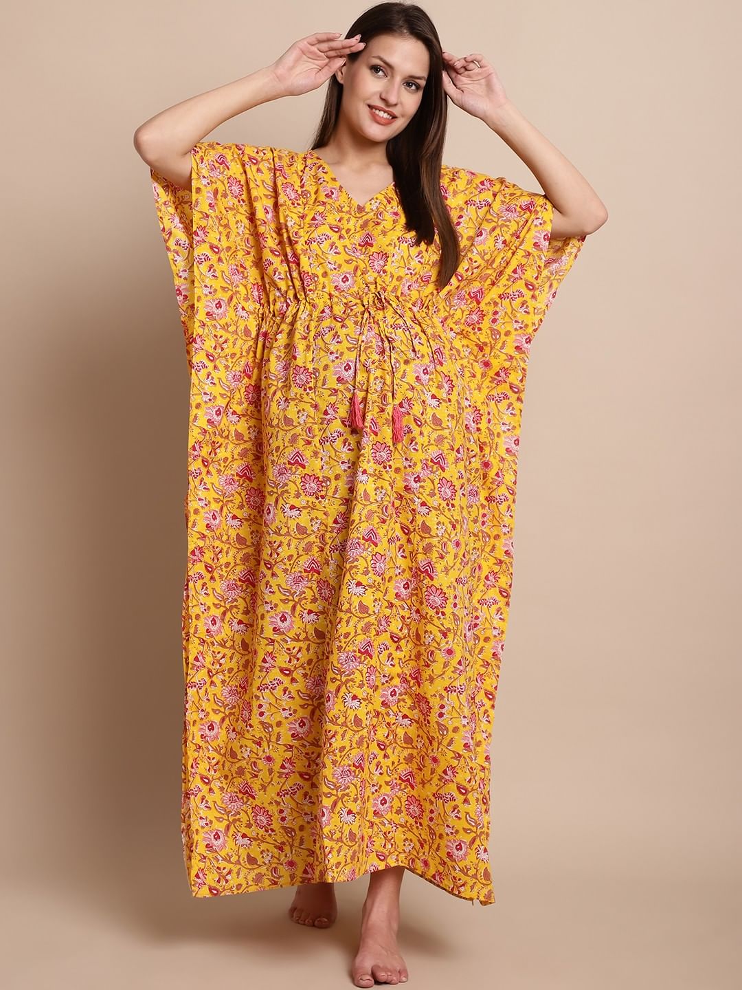 Yellow & Red Cotton Floral Maternity Kaftan