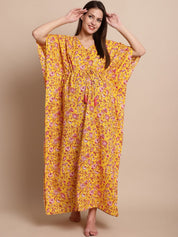 Yellow & Red Cotton Floral Maternity Kaftan