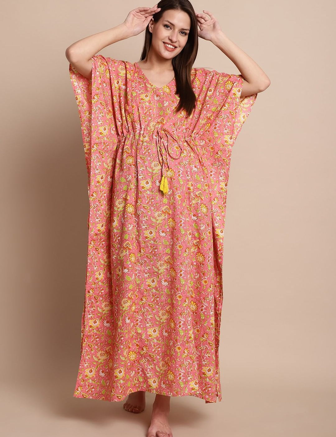 Peach & Yellow Cotton Floral Maternity Kaftan
