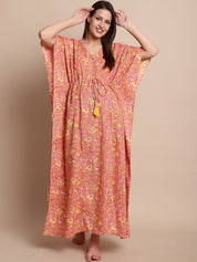 Peach & Yellow Cotton Floral Maternity Kaftan