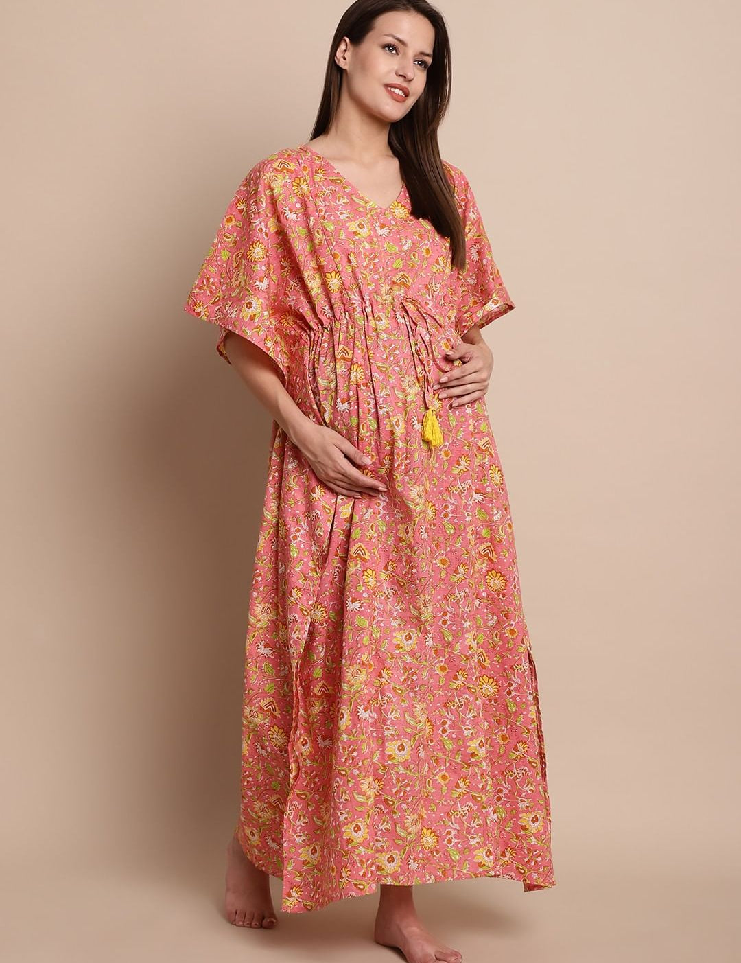 Peach & Yellow Cotton Floral Maternity Kaftan
