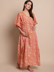 Peach & Yellow Cotton Floral Maternity Kaftan