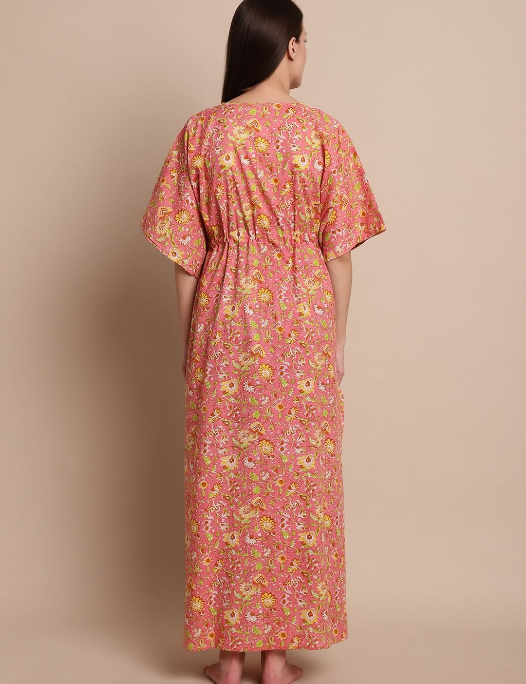 Peach & Yellow Cotton Floral Maternity Kaftan