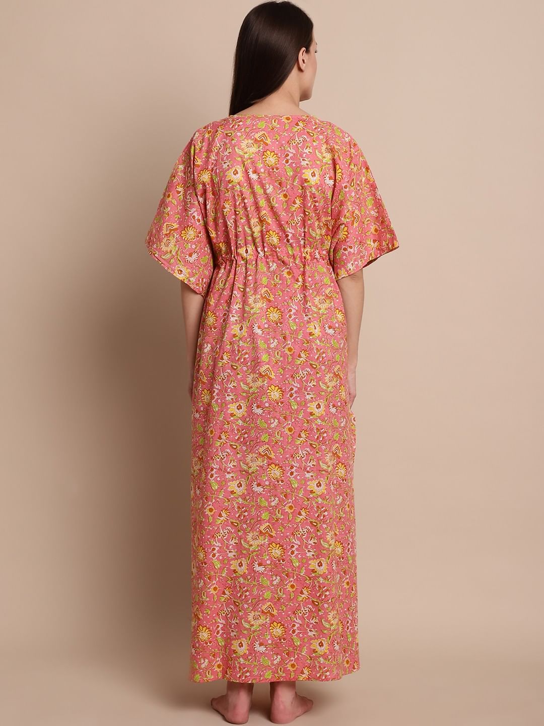 Peach & Yellow Cotton Floral Maternity Kaftan