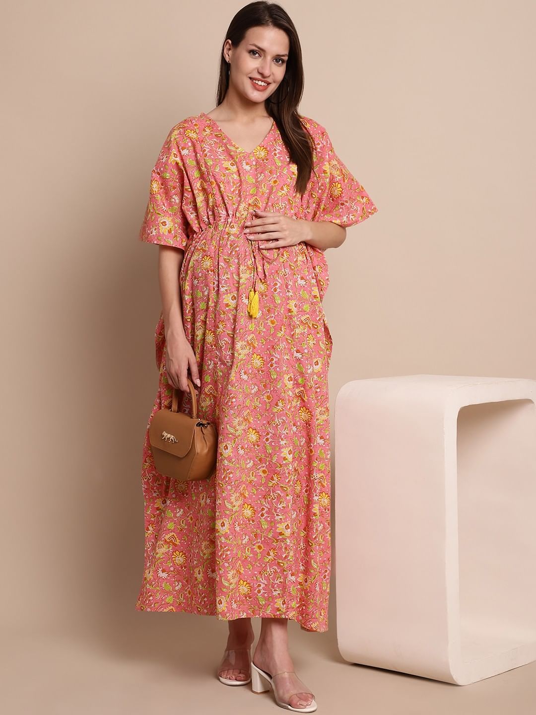 Peach & Yellow Cotton Floral Maternity Kaftan
