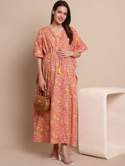 Peach & Yellow Cotton Floral Maternity Kaftan