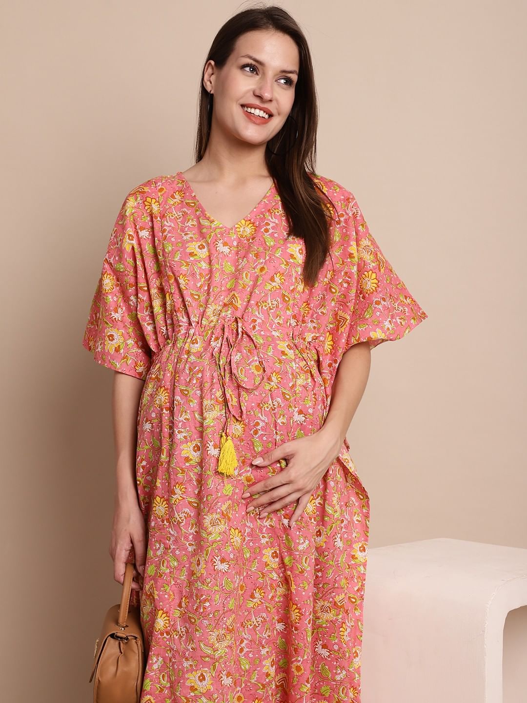Peach & Yellow Cotton Floral Maternity Kaftan