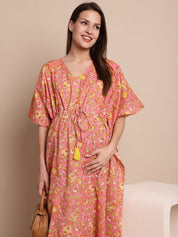 Peach & Yellow Cotton Floral Maternity Kaftan