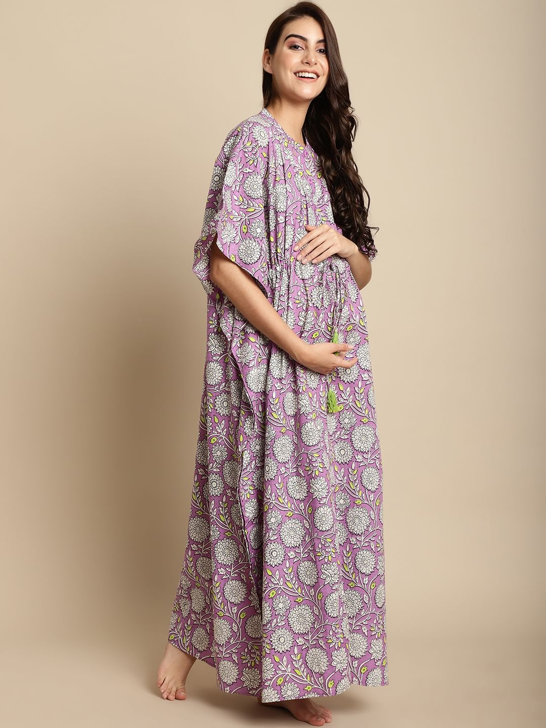 Purple Floral Cotton Maternity Kaftan