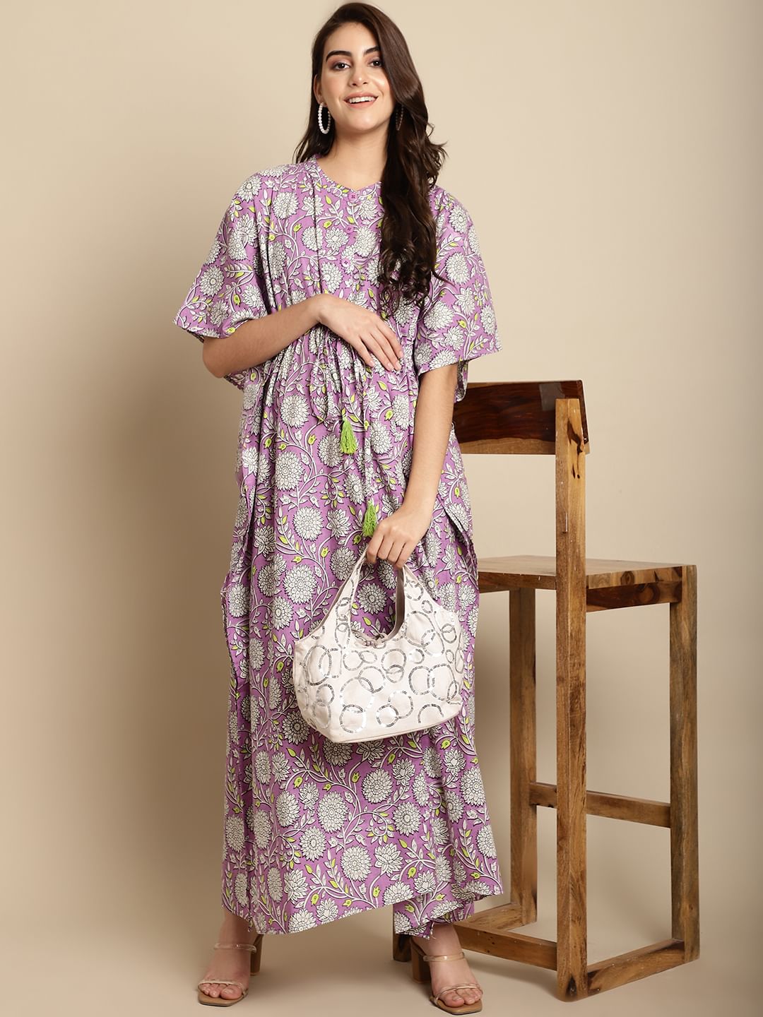 Purple Floral Cotton Maternity Kaftan