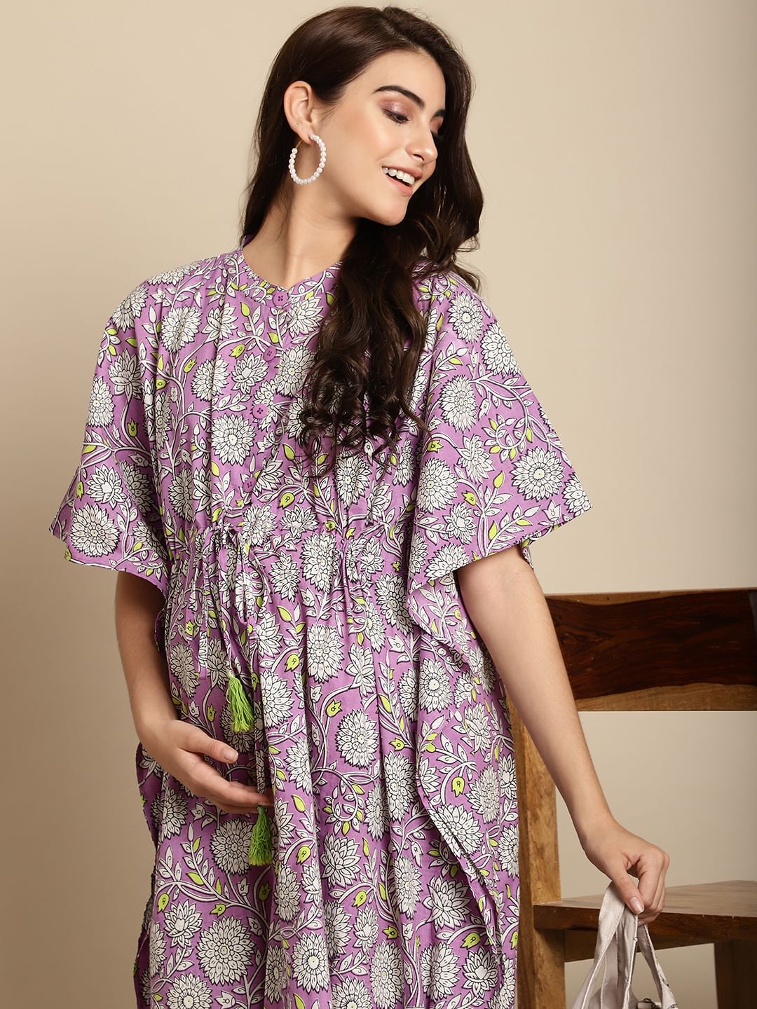 Purple Floral Cotton Maternity Kaftan