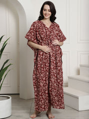 Maroon Floral Cotton Maternity Kaftan Nighty