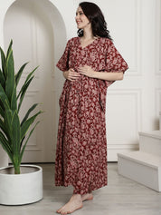 Maroon Floral Cotton Maternity Kaftan Nighty
