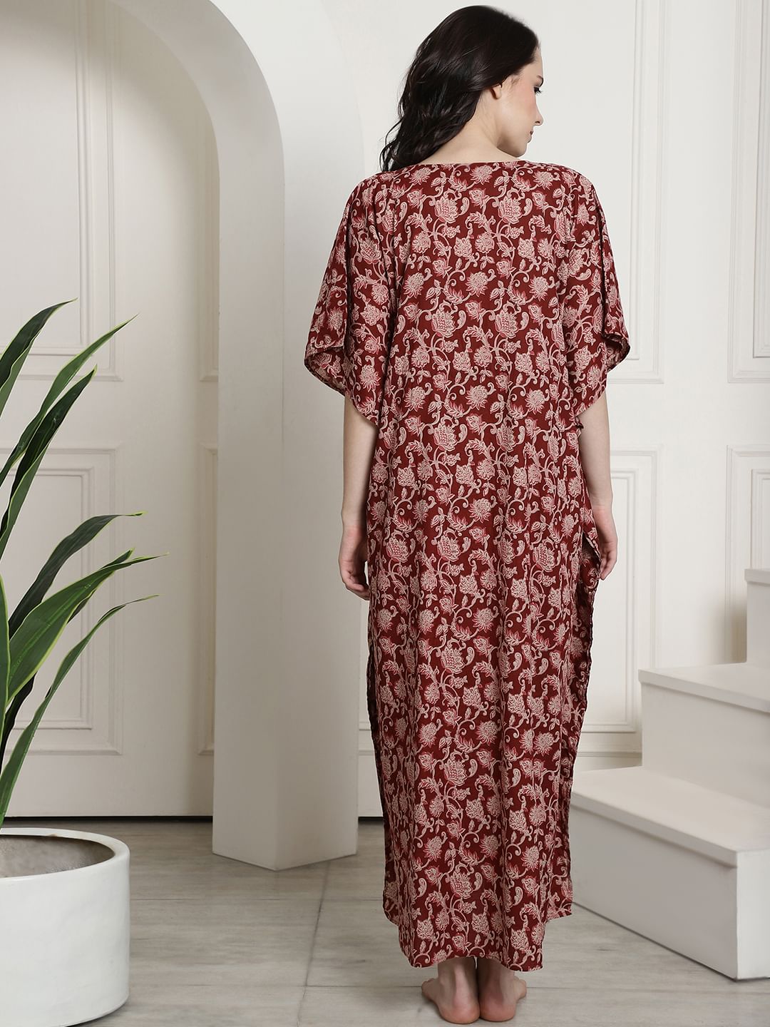 Maroon Floral Cotton Maternity Kaftan Nighty