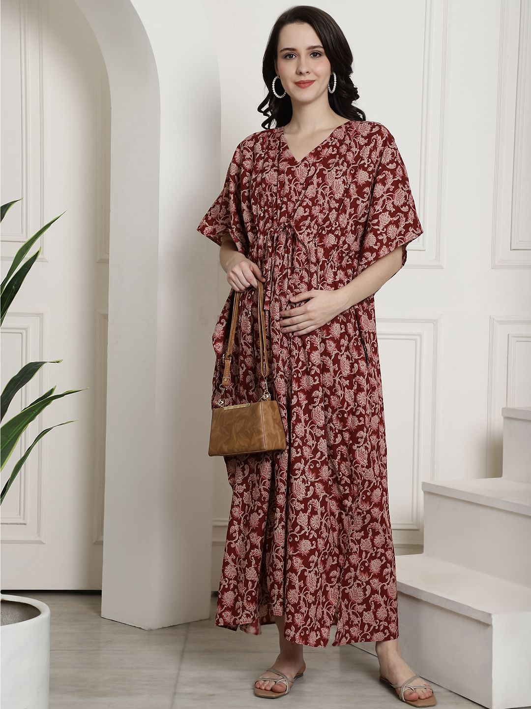 Maroon Floral Cotton Maternity Kaftan Nighty