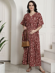 Maroon Floral Cotton Maternity Kaftan Nighty