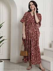 Maroon Floral Cotton Maternity Kaftan Nighty